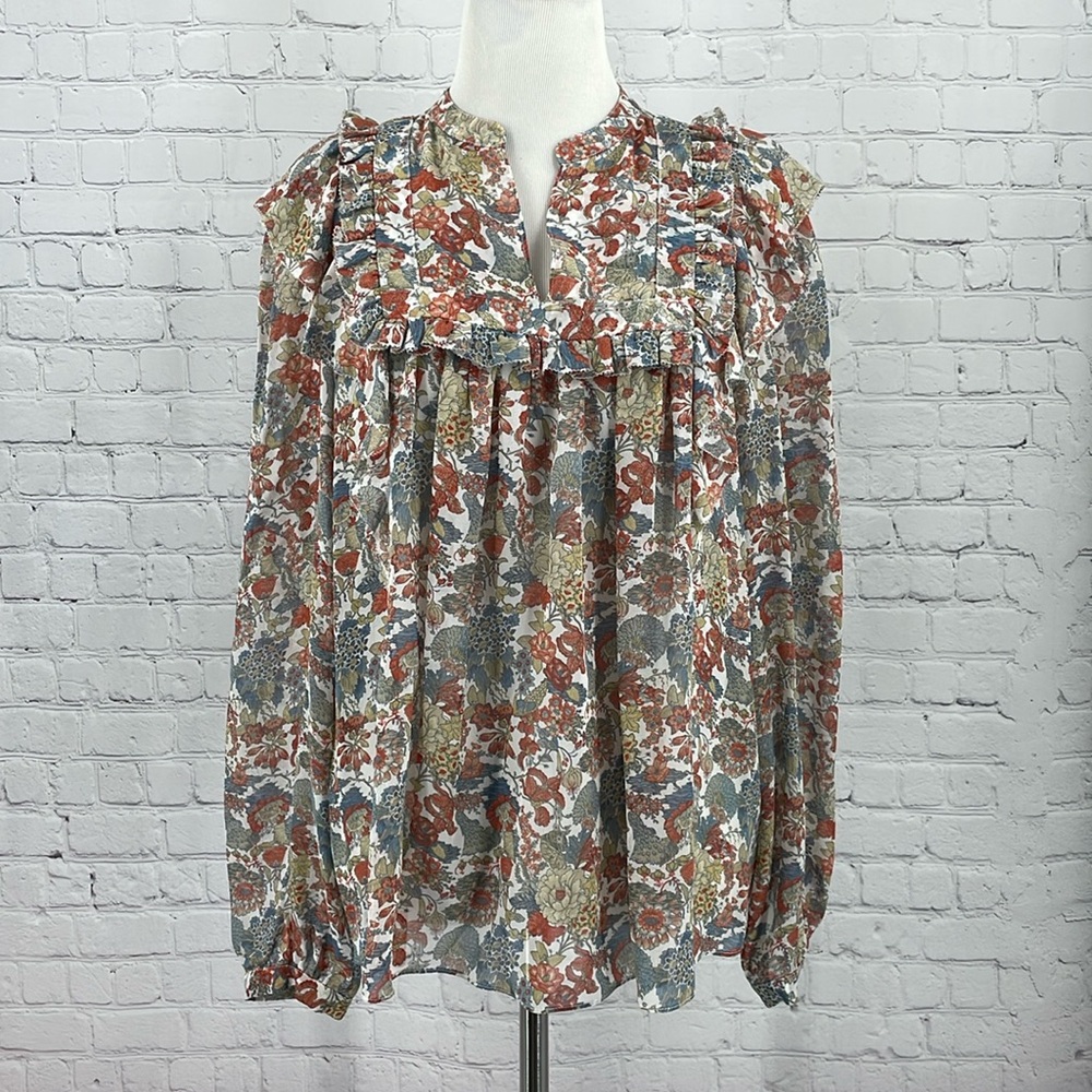 Mesh Sheer Frye Bib Cottagecore Feminine Ruffle Floral Long Sleeve Top 100% Silk
